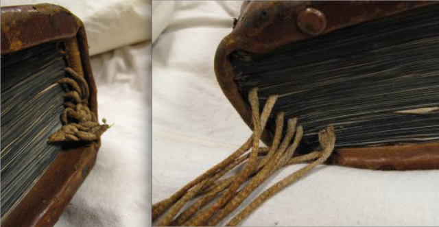 Manuscript endband with register bookmark and foot with trailing cords. Auckland Libraries, Sir George Grey Special Collections, Med. MS S.1588. Photo Alexandra Gillespie, from her blog Medieval Bookbindings.