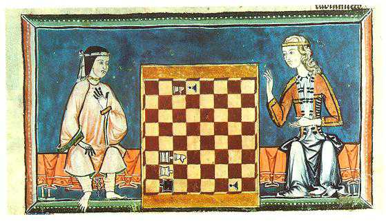 The Libro de los Juegos contains descriptions of over 100 chess problems and plays, as well as different variants (including a 4-player version). Here, an Andalusian Muslim woman plays chess with a blonde Christian woman. Monastery of San Lorenzo de El Escorial, f. 54r