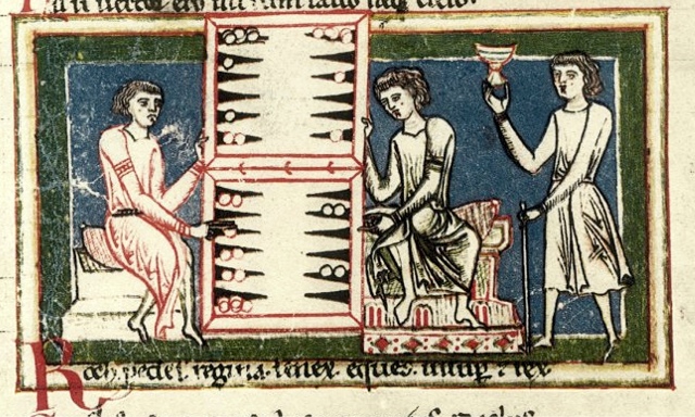 The Carmina Burana is a collection of songs, often satirical, likely composed by rebellious Goliards [http://en.wikipedia.org/wiki/Goliard]. It contains Latin, German, and French, in two hands writing c. 1230. Here, accompanying a song about an imaginary order of lazy, gluttonous, game-playing clerics, a group of men play a backgammon-type game. Chess is also depicted.