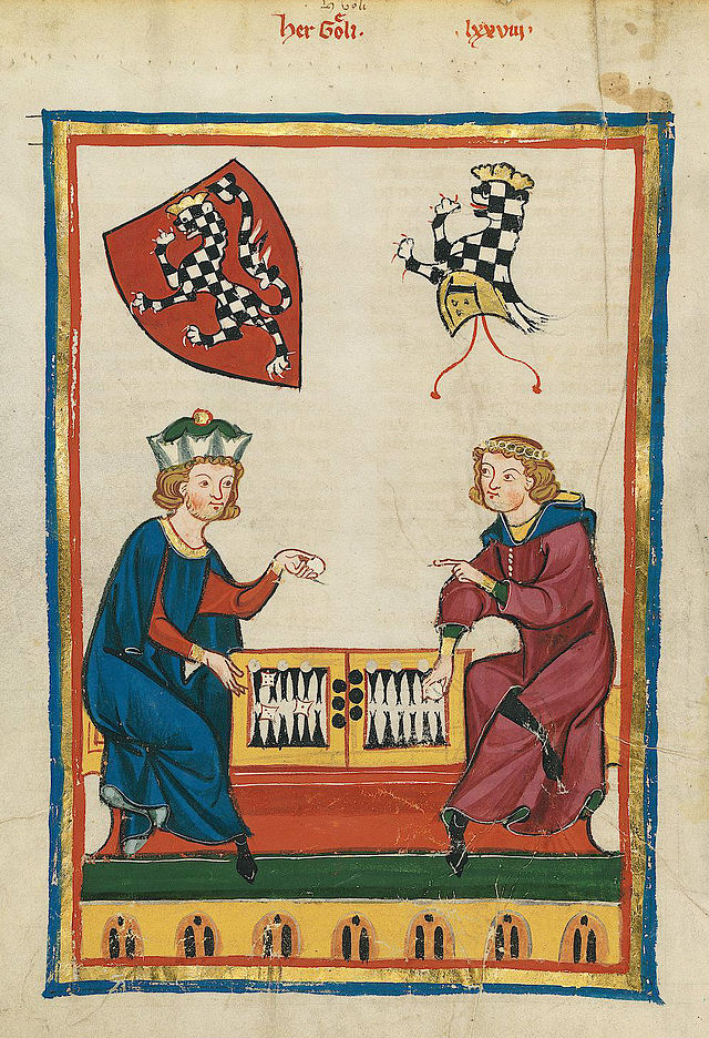 Here, again in the Manesse Codex, a Herr Goeli of Baden plays backgammon. Große Heidelberger Liederhandschrift, Cod. Pal. germ. 848, f. 262v.