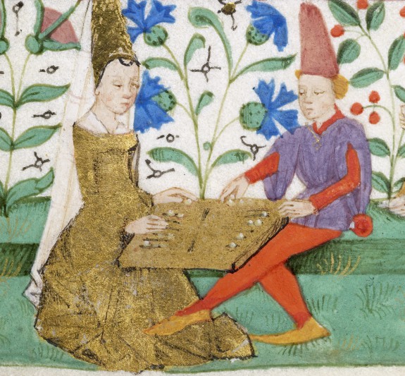 A bored-looking French couple plays a particularly dull game of backgammon in the margins of a Book of Hours, c. 1460. Walters Art Gallery, Ms W 269 