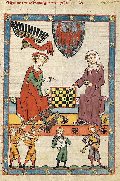 Here Margrave Otto IV of Brandenburg plays chess with his lady. Manasse Codex, Große Heidelberger Liederhandschrift, Cod. Pal. germ. 848, f. 13r. Heidelberg University Library, http://digi.ub.uni-heidelberg.de/diglit/cpg848/0021
